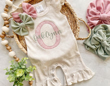 Load image into Gallery viewer, Newborn coming home outfit summer ruffle romper personalized baby name with initial monogram
