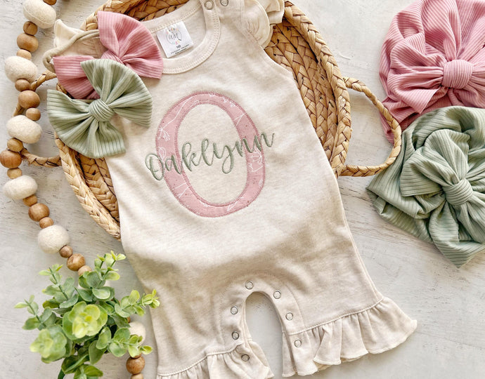 Newborn coming home outfit summer ruffle romper personalized baby name with initial monogram