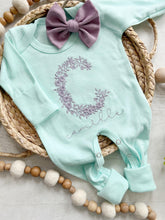 Load image into Gallery viewer, Personalized mint baby romper and hat set, custom name coming home outfit, floral letter baby girl outfit, baby shower gift, neutral aqua
