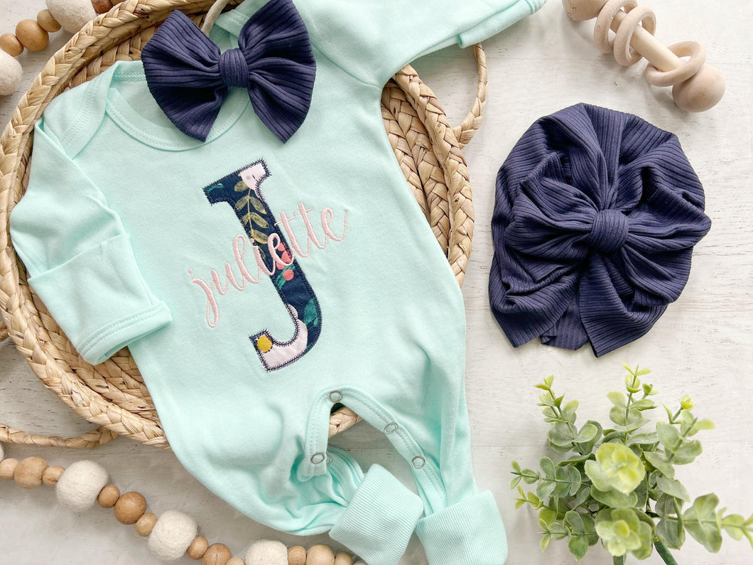 Personalized baby girl romper and hat set, vintage floral infant coming home outfit, baby shower gift, sleeper with footies, custom name