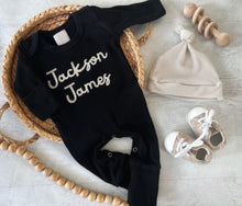 Load image into Gallery viewer, Personalized black baby romper and hat set, custom coming home outfit, sketch stitch boys outfit, baby shower gift, neutral beige
