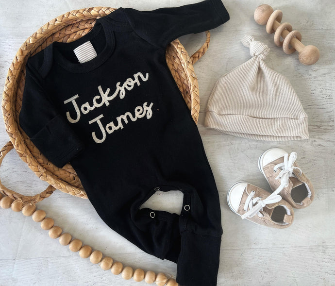 Personalized black baby romper and hat set, custom coming home outfit, sketch stitch boys outfit, baby shower gift, neutral beige