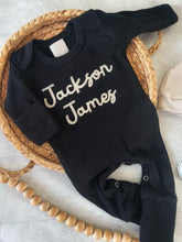 Load image into Gallery viewer, Personalized black baby romper and hat set, custom coming home outfit, sketch stitch boys outfit, baby shower gift, neutral beige
