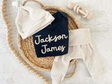 Load image into Gallery viewer, Personalized black and beige newborn outfit, custom name boy, coming home outfit for baby boy, baby boy outfit, hospital outfit for boy
