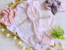 Load image into Gallery viewer, Personalized baby girl romper and hat set, vintage floral infant coming home outfit, baby shower gift, sleeper with footies custom name twin
