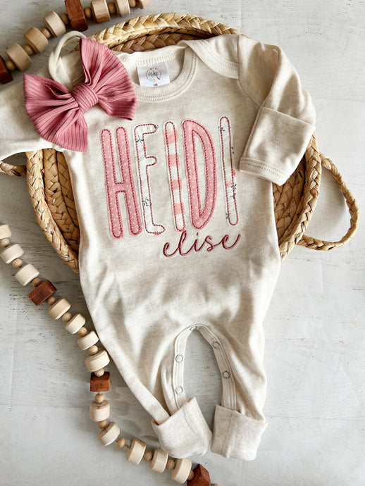 Personalized baby girl romper and bow, pink infant girl coming home outfit, custom name, baby shower gift, sleeper with footies, sage green