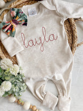 Load image into Gallery viewer, Personalized oatmeal and vintage mauve romper with bow or turban, custom girl coming home outfit, baby shower gift floral tropical
