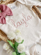 Load image into Gallery viewer, Personalized oatmeal and vintage mauve romper with bow or turban, custom girl coming home outfit, baby shower gift dusty rose pink
