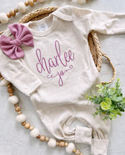 Load image into Gallery viewer, Personalized oatmeal romper with bow, custom girl coming home outfit baby shower gift custom baby name outfit handmade bow, newborn pictures
