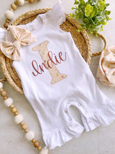 Load image into Gallery viewer, Personalized baby girl romper, vintage floral infant coming home outfit, baby shower gift, newborn outfit ruffle flutter, custom name summer
