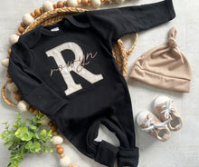 Load image into Gallery viewer, baby outfit personalized name newborn romper black and tan baby shower gift
