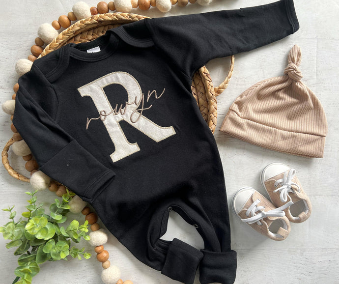 baby outfit personalized name newborn romper black and tan baby shower gift