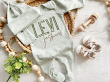 Load image into Gallery viewer, Personalized green and taupe newborn outfit, coming home outfit for baby boy, baby boy outfit, hospital outfit for boy, baby boy romper
