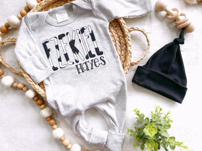 personalized newborn baby romper cowprint black and white farm baby shower gift coming home outfit pictures cow print