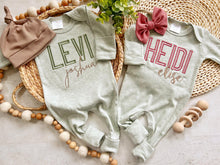 Load image into Gallery viewer, Boy girl twin coming home outfits, green footed sleeper, pink, sage twin baby outfit, baby shower gift, minimalist baby, romper outfit
