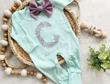 Load image into Gallery viewer, Personalized mint baby romper and hat set, custom name coming home outfit, floral letter baby girl outfit, baby shower gift, neutral aqua
