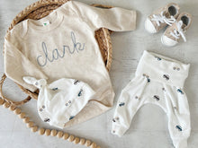 Load image into Gallery viewer, Personalized green and beige newborn outfit,custom name boy girl, coming home outfit for baby boy, baby girl outfit, hospital outfit for boy
