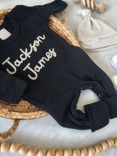 Load image into Gallery viewer, Personalized black baby romper and hat set, custom coming home outfit, sketch stitch boys outfit, baby shower gift, neutral beige
