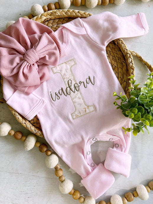 Personalized baby girl romper and hat set, vintage floral infant coming home outfit, baby shower gift, sleeper with footies, custom name