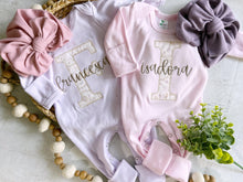 Load image into Gallery viewer, Personalized baby girl romper and hat set, vintage floral infant coming home outfit, baby shower gift, sleeper with footies custom name twin
