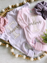 Load image into Gallery viewer, Personalized baby girl romper and hat set, vintage floral infant coming home outfit, baby shower gift, sleeper with footies custom name twin
