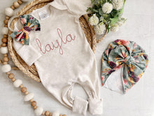 Load image into Gallery viewer, Personalized oatmeal and vintage mauve romper with bow or turban, custom girl coming home outfit, baby shower gift floral tropical
