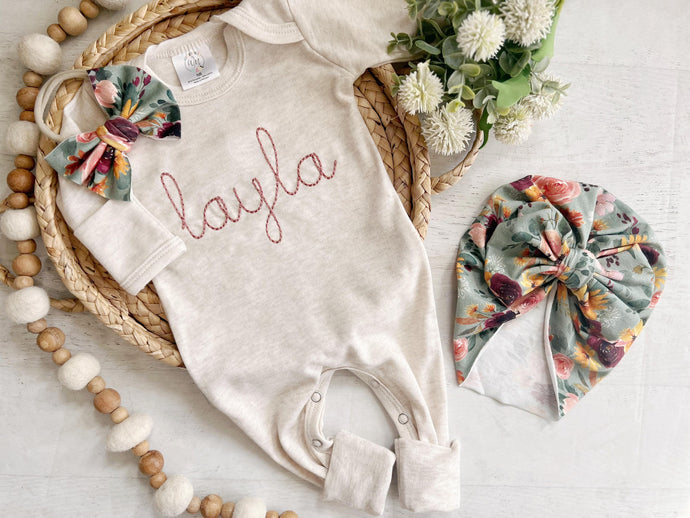 Personalized oatmeal and vintage mauve romper with bow or turban, custom girl coming home outfit, baby shower gift floral tropical