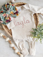 Load image into Gallery viewer, Personalized oatmeal and vintage mauve romper with bow or turban, custom girl coming home outfit, baby shower gift floral tropical
