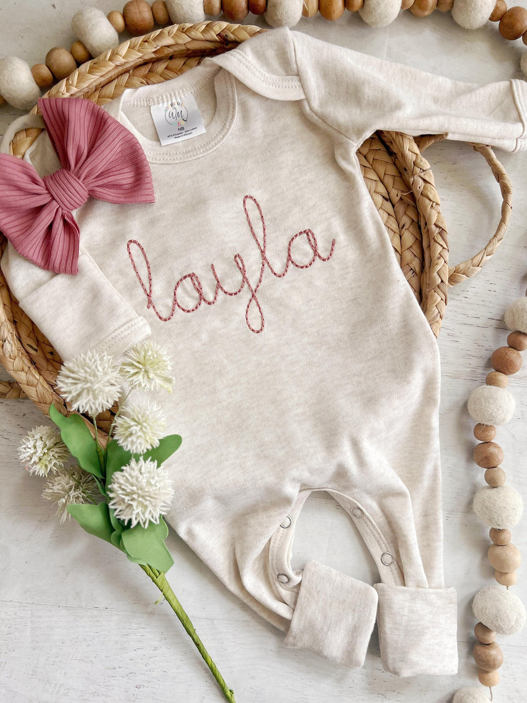 Personalized oatmeal and vintage mauve romper with bow or turban, custom girl coming home outfit, baby shower gift dusty rose pink