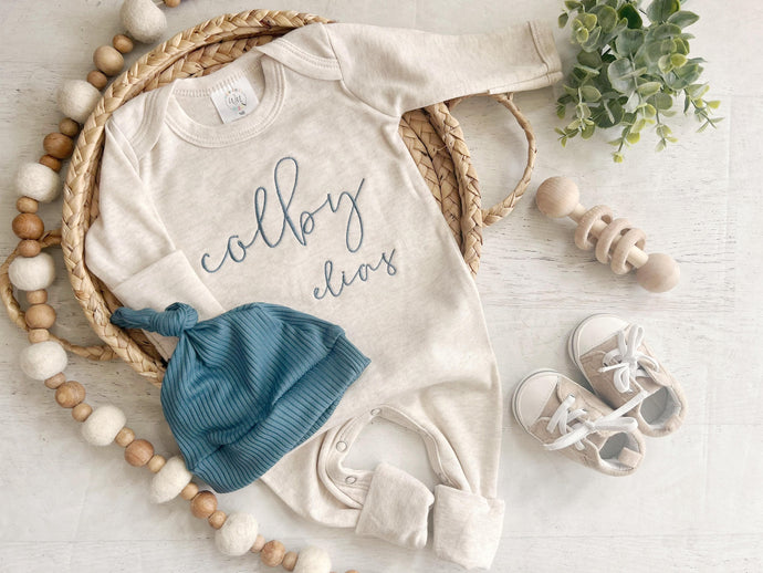 Personalized oatmeal vintage stitch romper with hat, custom baby boy coming home outfit, baby shower gift tan fall baby boy outfit