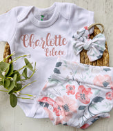 Personalized Baby Girl Outfit | White Bodysuit With Blush Baby Name And Floral Accents