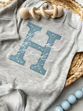 Load image into Gallery viewer, Personalized Blue and Gray Baby Boy Outfit With Embroidered Name and Big Letter
