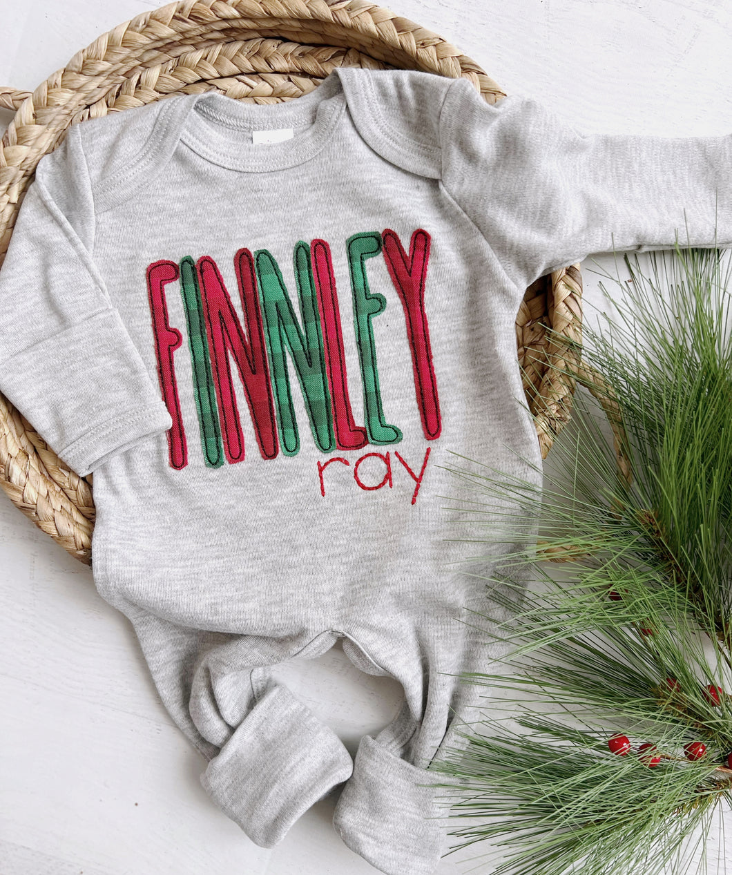 Personalized Newborn Baby Outfit | Gray Romper Baby Name Christmas Plaid Edition -Finnley Ray