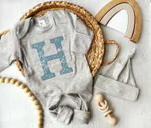 Load image into Gallery viewer, Personalized Blue and Gray Baby Boy Outfit With Embroidered Name and Big Letter
