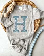 Load image into Gallery viewer, Personalized Blue and Gray Baby Boy Outfit With Embroidered Name and Big Letter
