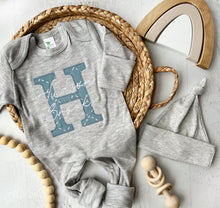 Load image into Gallery viewer, Personalized Blue and Gray Baby Boy Outfit With Embroidered Name and Big Letter
